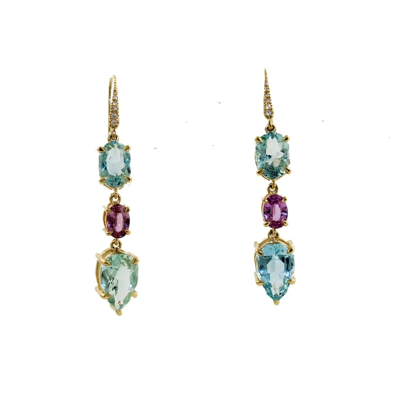 dainty earrings for women -14k Pink Sapphire x Aquamarine Drop Earrings