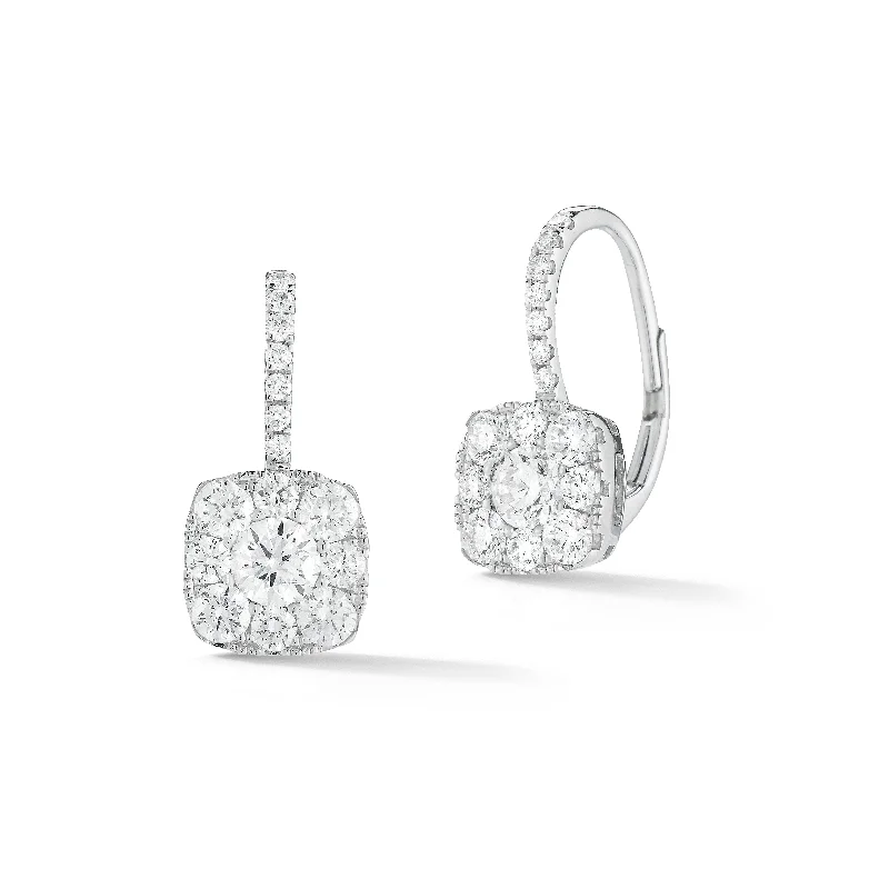 initial earrings for women -Diamond Square Cluster Lever-Back Earrings