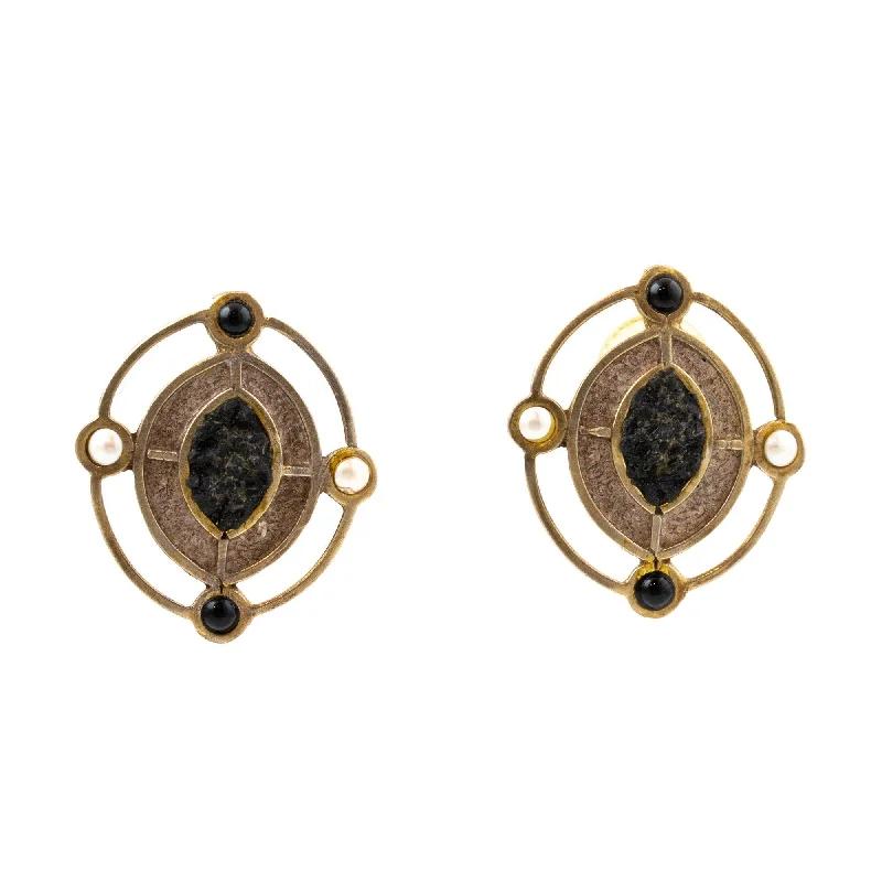 hoop earrings for everyday wear -Brass Black Stone & Pearl Earrings