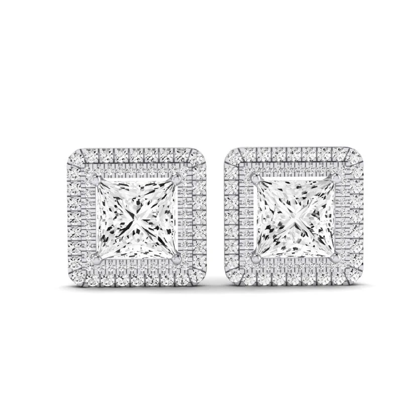 gold and silver earrings for women -Cerise Princess Cut Diamond Halo Stud Earrings