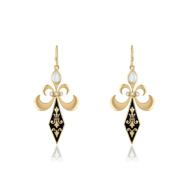 personalized gold earrings for women -LILY FLEUR DE LIS SWORD DANGLE EARRINGS