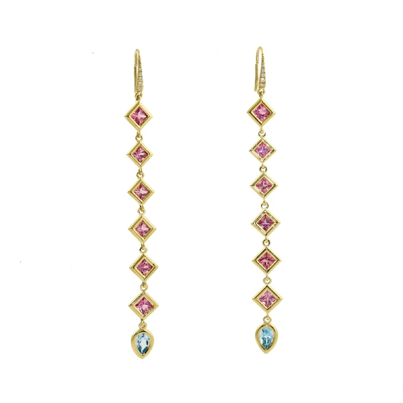 casual earrings for everyday wear -Malinda Peach Sapphire x Aquamarine Drop Earrings