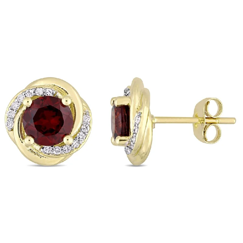 delicate gold earrings for women -Miadora 10k Yellow Gold Garnet 1/7ct TDW Diamond Swirl Halo Stud Earrings