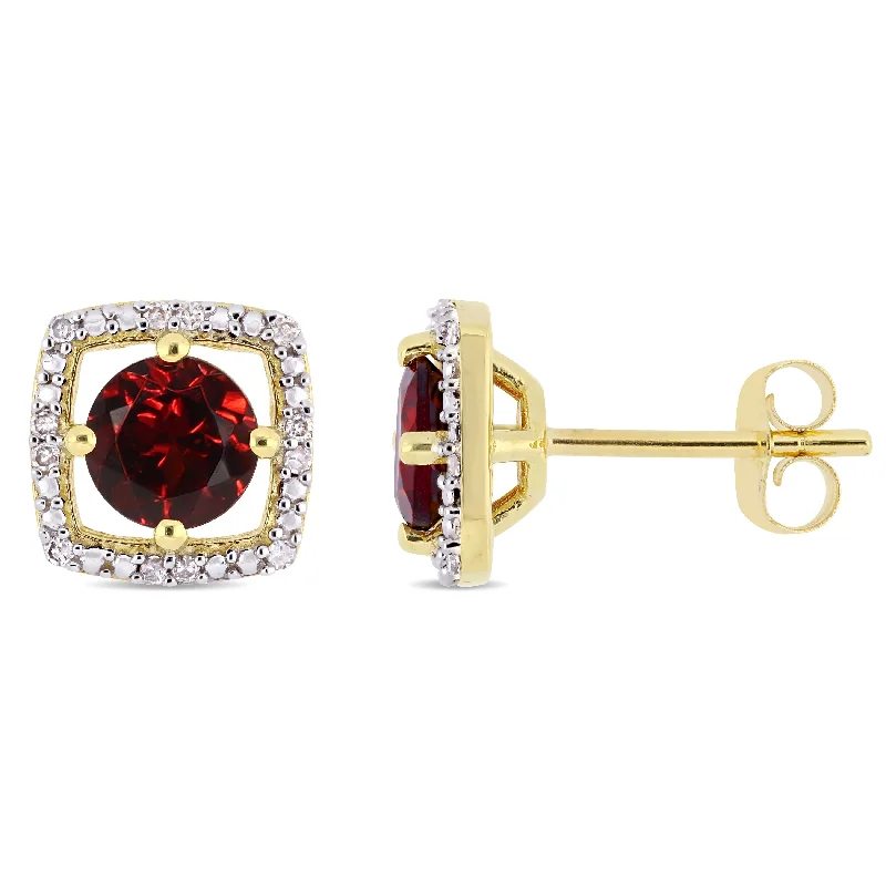 gold stud earrings for women -Miadora 10k Yellow Gold Garnet and Diamond Accent Floating Square Halo Stud Earrings