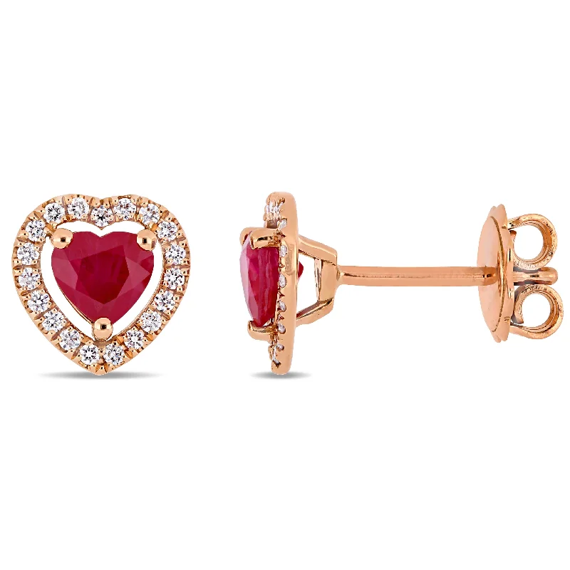 luxury pearl earrings for brides -Miadora 14k Rose Gold Ruby and 1/5ct TDW Diamond Heart Halo Stud Earrings