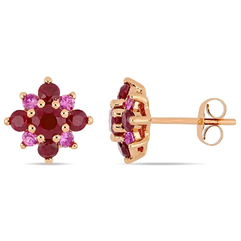 diamond stud earrings for women -Miadora 14k Rose Gold Ruby Pink Sapphire Cluster Star Stud Earrings