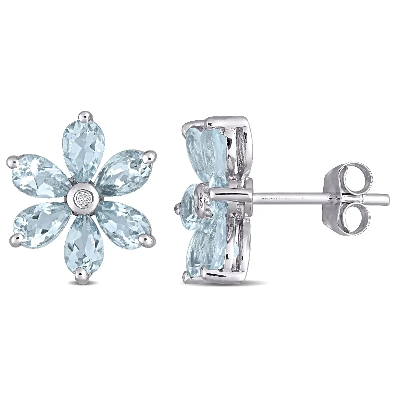 zodiac earrings for astrology lovers -Miadora 14k White Gold Aquamarine and Diamond Accent Floral Stud Earrings