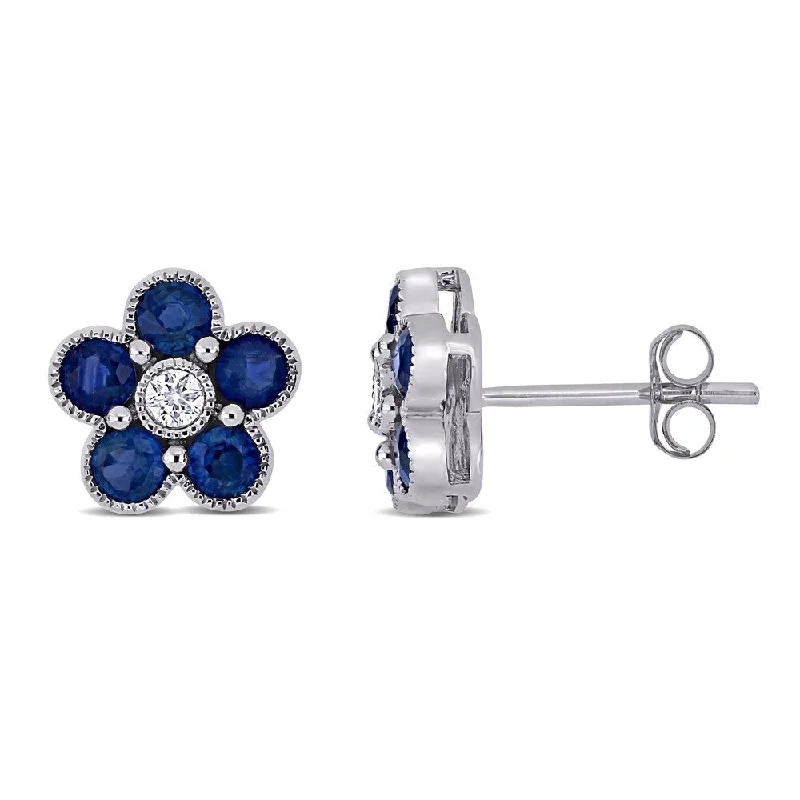 gold hoop earrings for women -Miadora 14k White Gold Blue Sapphire and 1/10ct TDW Flower Stud Earrings