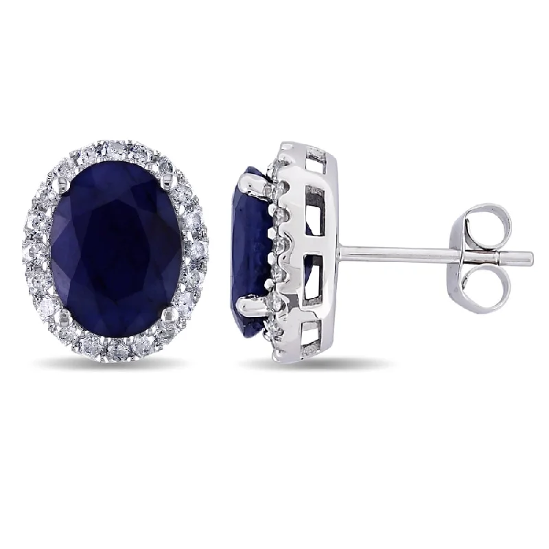 zodiac earrings for astrology lovers -Miadora 14k White Gold Oval-cut Sapphire and 2/5ct TDW Diamond Halo Stud Earrings (G-H, I1-I2)