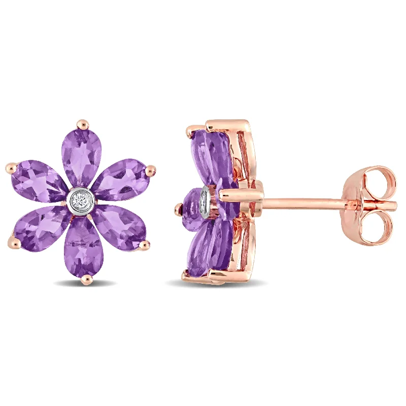 stylish hoop earrings for women -Miadora Pear-cut Amethyst and Diamond Accent Floral Stud Earrings in 14k Rose Gold