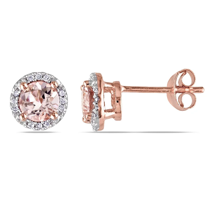 diamond hoop earrings for evening wear -Miadora Rose Plated Sterling Silver Morganite and Diamond Halo Stud Earrings - 50.4 mm x 25.3 mm x 12.6 mm