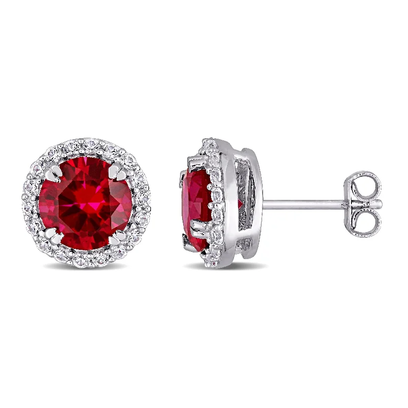 rose gold earrings for girls -Miadora Sterling Silver 5 1/2ct TGW Created Ruby and White Sapphire Halo Stud Earrings - 11.1 mm x 11.1 mm x 6.5 mm