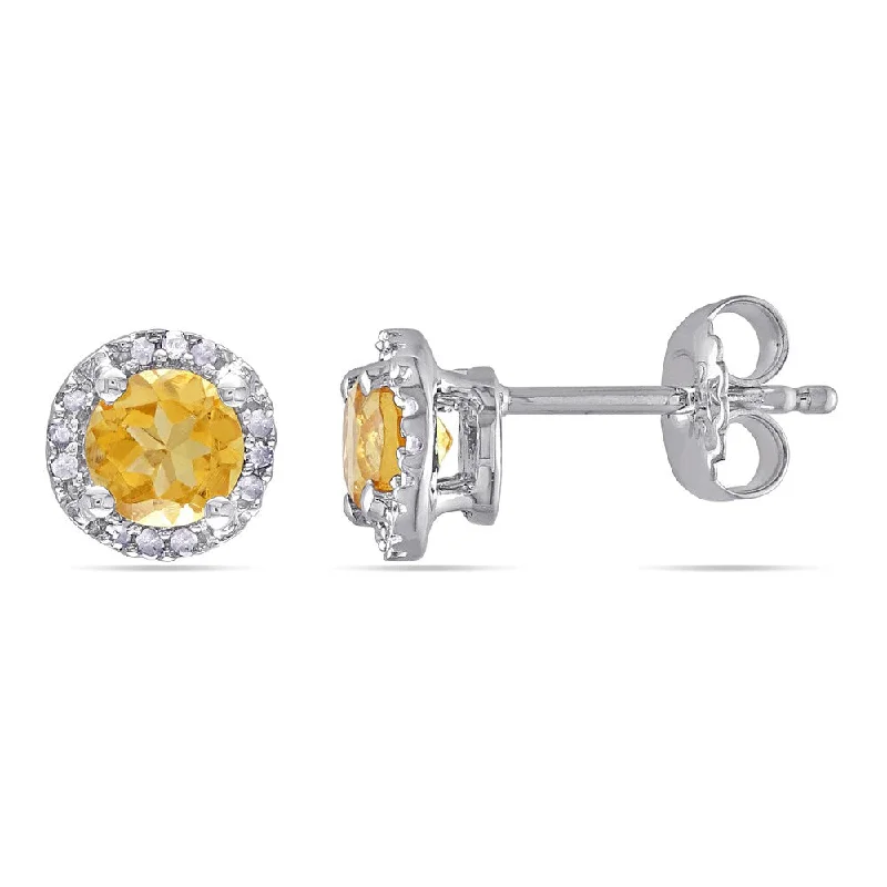 crystal stud earrings for bridesmaids -Miadora Sterling Silver Citrine and Diamond Accent Solitaire Halo Birthstone Stud Earrings - Yellow