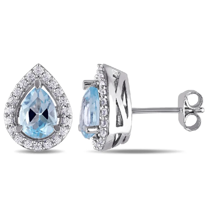 sapphire earrings for formal occasions -Miadora Sterling Silver Pear-cut Blue Topaz and Created White Sapphire Halo Teardrop Stud Earrings