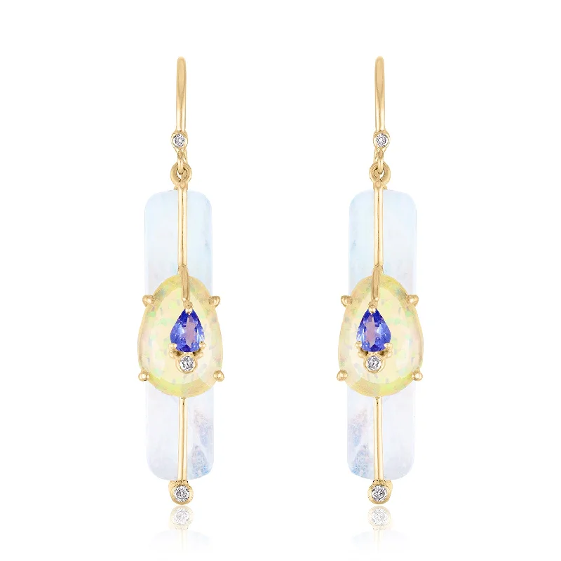 sparkly earrings for evening events -Moonstone Stick Earrings with Opal and Tanzanite