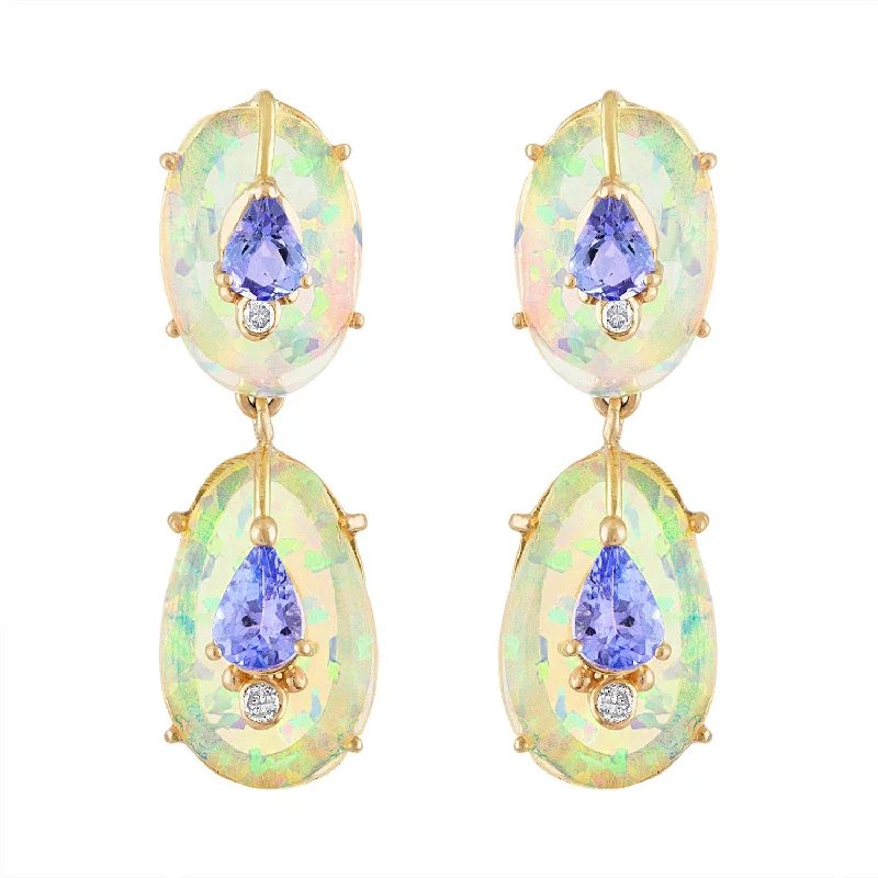 rose gold earrings for girls -Double Drop Ethiopian Opal and Tanzanite Earrings