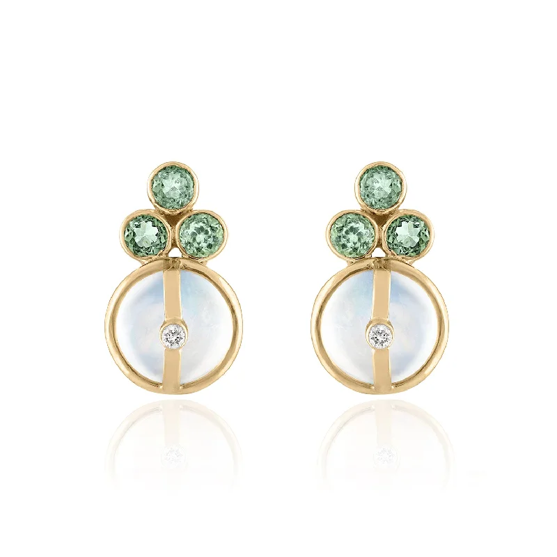 stylish hoop earrings for women -Clover Moonstone and Green Sapphire Stud Earrings