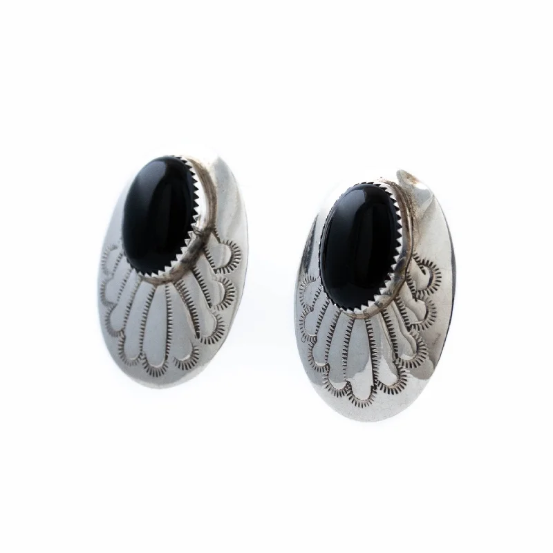 geometric drop earrings for women -Oval Stamped Onyx Earrings