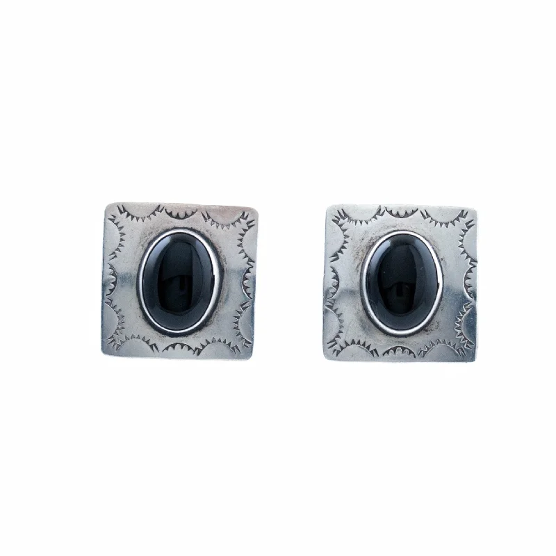 flower-shaped earrings for brides -Square Silver Onyx Earring