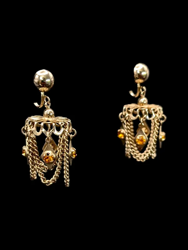 crystal drop earrings for evening wear -1950s - 1960s Amber Rhinestone Cascading Swag Chain Chandelier Earrings in Gold