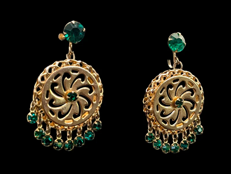 hoop earrings with charms for women -1950s - 1960s Emerald Rhinestone Medallion Dreamcatcher Earrings in Gold