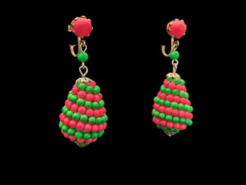 stud earrings with gemstones for women -1960s - 1970s Mod Neon Pink and Electric Green Beaded Tear Drop Dangle Earrings