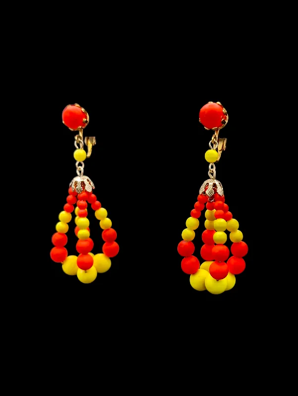 casual earrings for everyday wear -1960s - 1970s Mod Neon Yellow and Orange Beaded Tear Drop Dangle Earrings