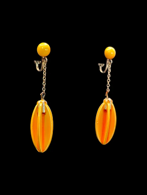 silver chain earrings for women -1960s - 1970s Mod Starfruit Shaped Yellow Dangle Earrings