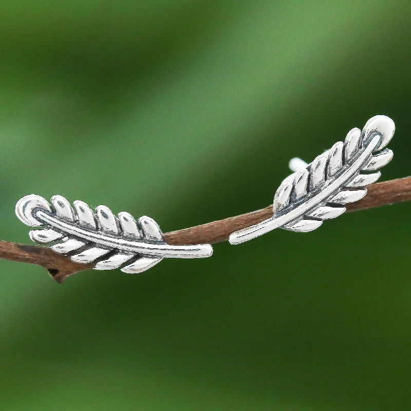 angel wing earrings for women -Adorable Leaves Leafy Sterling Silver Stud Earrings from Thailand