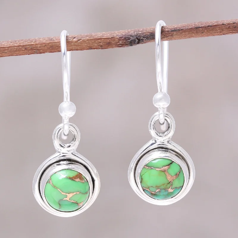 delicate gold earrings for women -Adorable Moon in Green Sterling Silver and Green Composite Turquoise Earrings