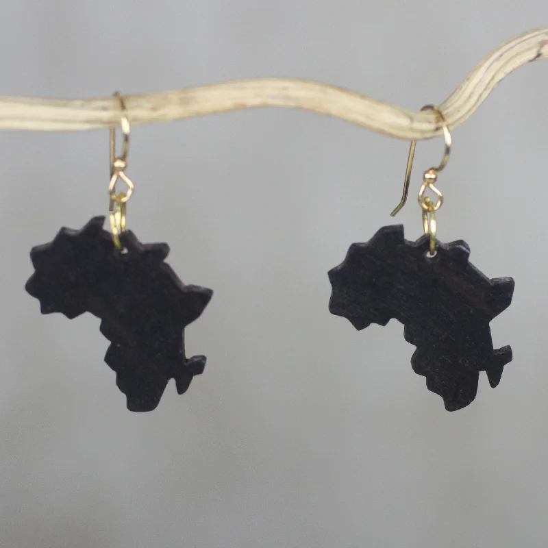 chunky earrings for women -Africa Atlas Handmade Ebony Wood Africa Map Dangle Earrings from Ghana