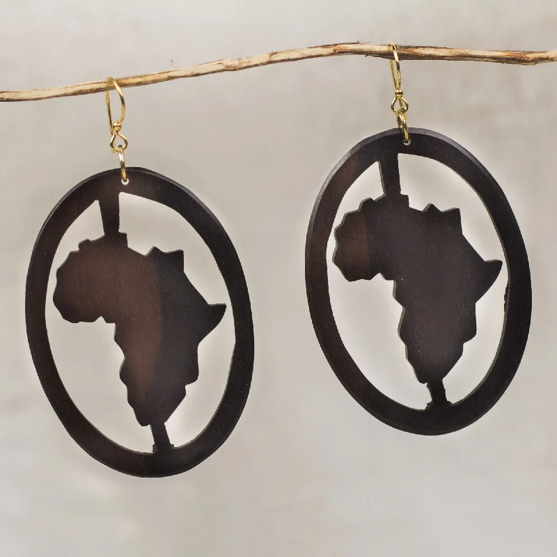 moonstone earrings for women -Africa Encircled Handcrafted Oval Ebony Wood Africa Continent Dangle Earrings