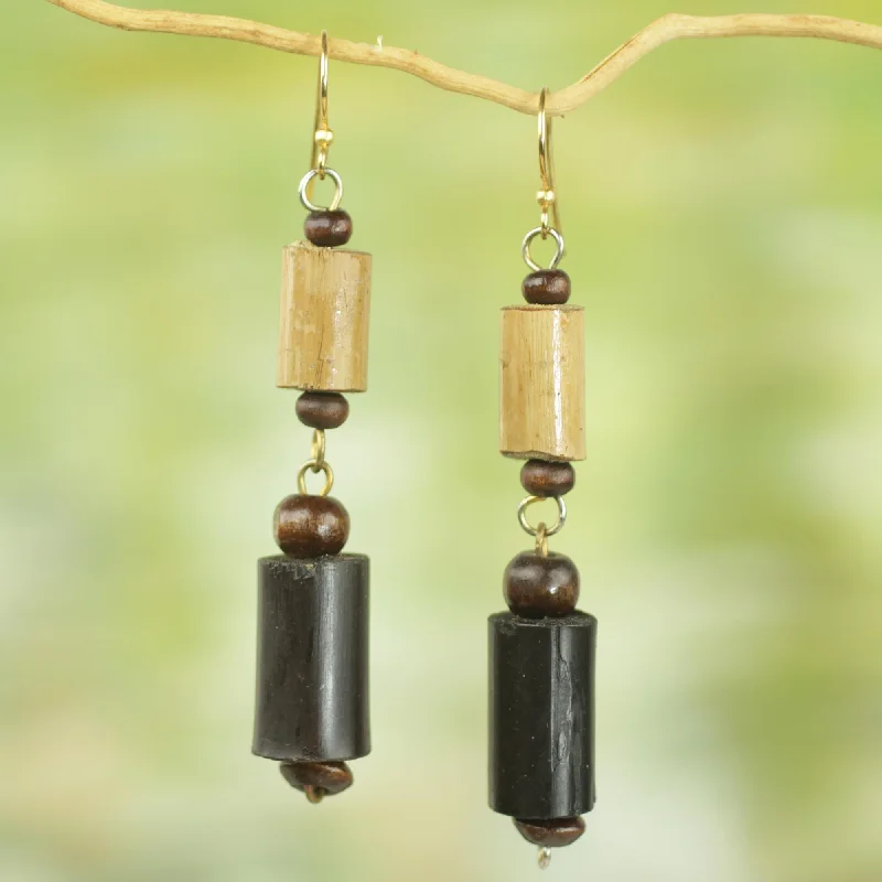 layered earrings for women -African Homestead Bamboo and Sese Wood Dangle Earrings Brass Hooks from Ghana