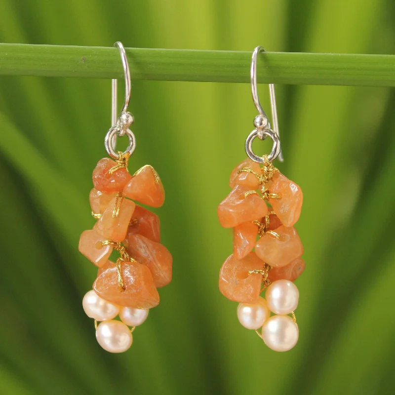 oval earrings for women -Afternoon Glow Beaded Aventurine and Pearl Earrings