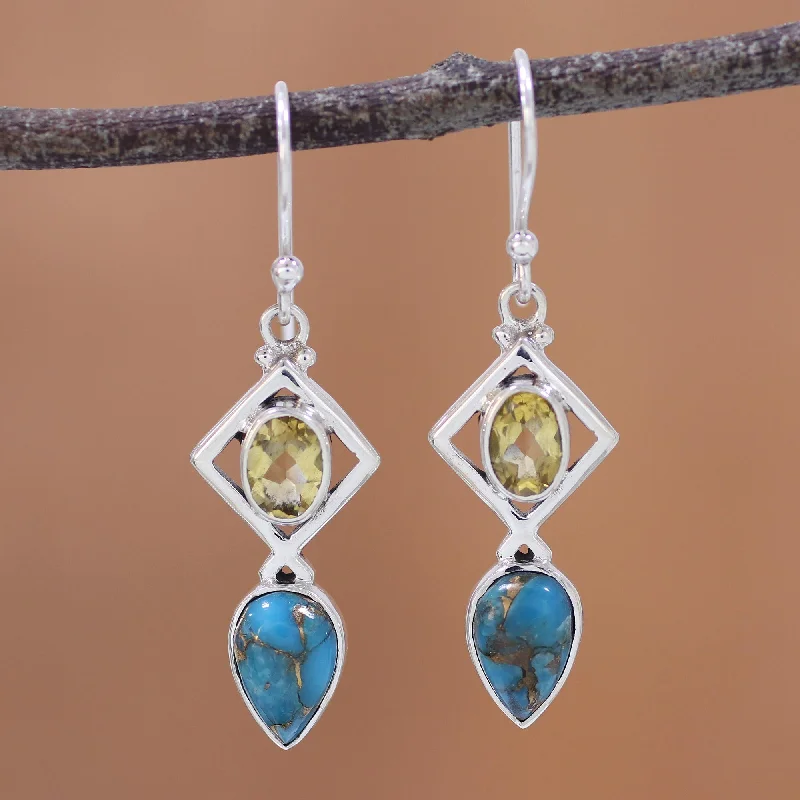 dainty earrings for women -Alluring Combination Citrine and Composite Turquoise Earrings from India