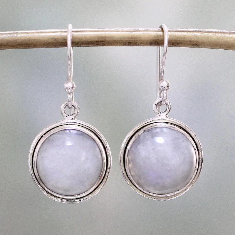 custom name earrings for gifts -Alluring Mist Rainbow Moonstone Dangle Earrings by Indian Artisans