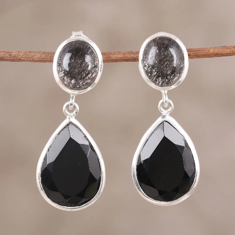 dangle earrings for weddings -Alluring Onyx Black Onyx and Tourmalinated Quartz Dangle Earrings