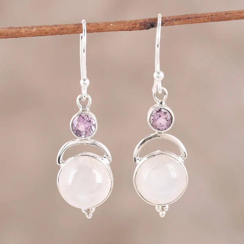 cute earrings for teenagers -Alluring Serenity Sterling Silver Rainbow Moonstone Amethyst Dangle Earrings