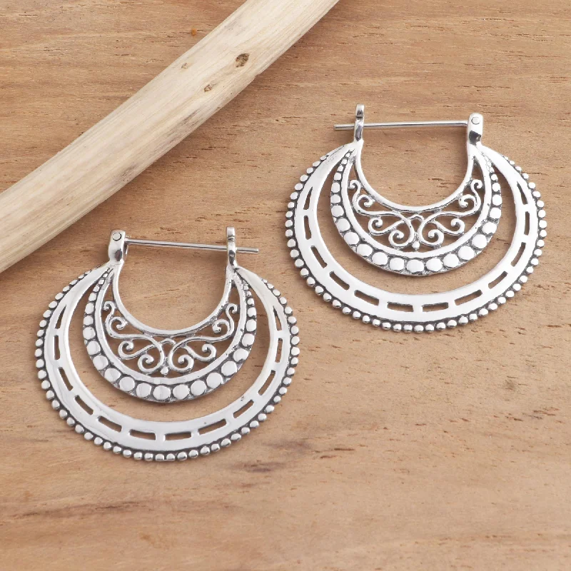 vintage gold earrings for women -Amazing Curves Balinese Sterling Silver Hoop Earrings