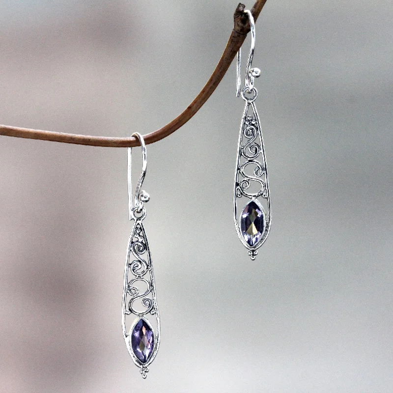 modern earrings for women -Amethyst & Silver Jasmine Dew Dangle Earrings