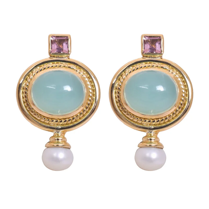 layered earrings for women -Earring-Chalcedony, Tourmaline & Pearl in 18K