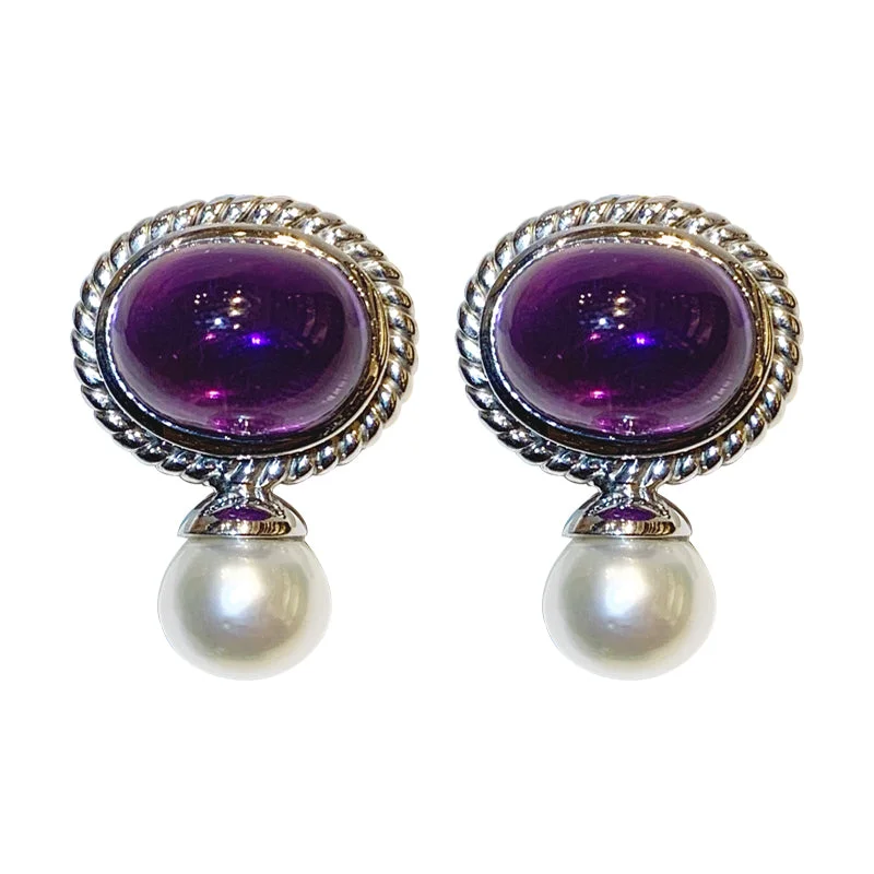 vintage stud earrings for women -Earrings- Amethyst and Pearl in Silver