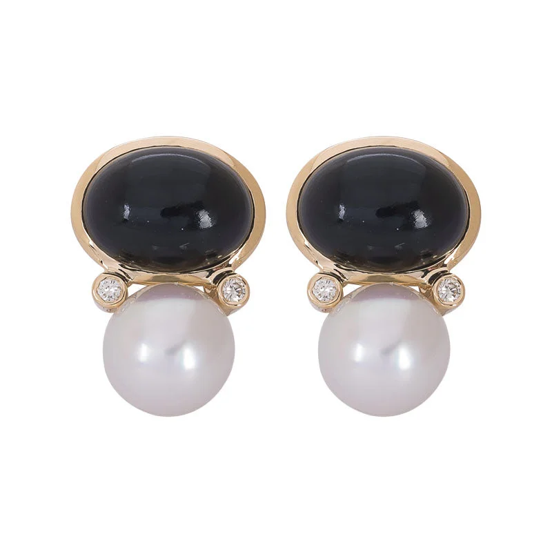 dangle earrings for weddings -EARRINGS- BLACK ONYX, S.S. PEARL AND DIAMOND IN 18K GOLD