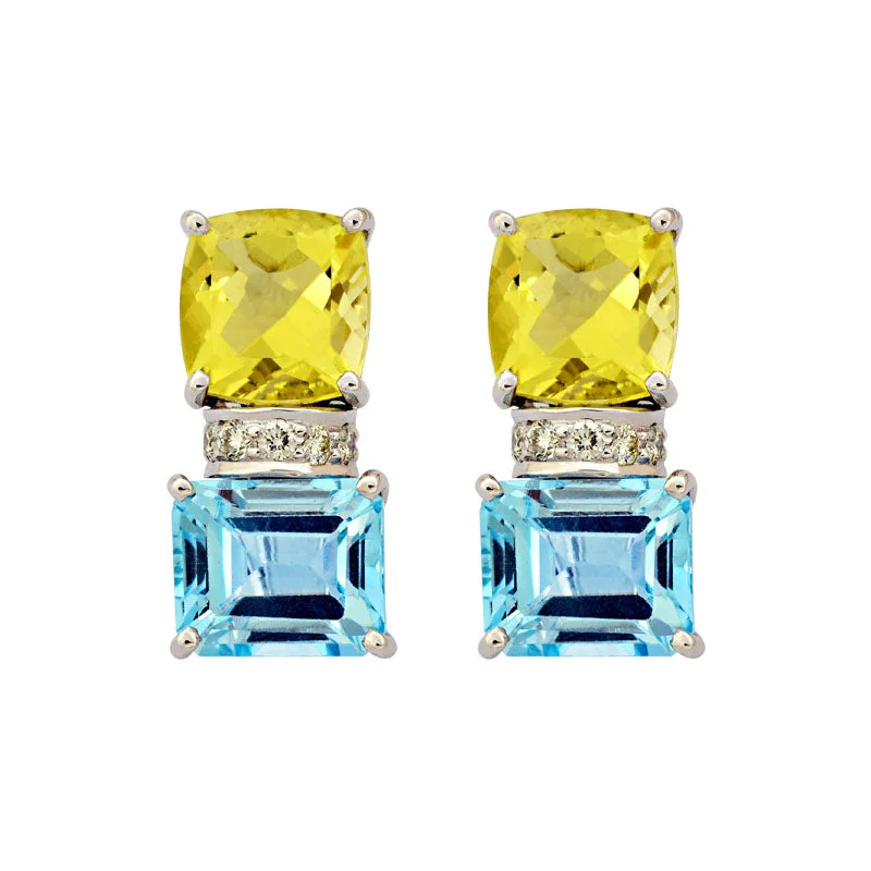 flower earrings for girls -Earrings-Blue Topaz, Lemon Quartz and Diamond