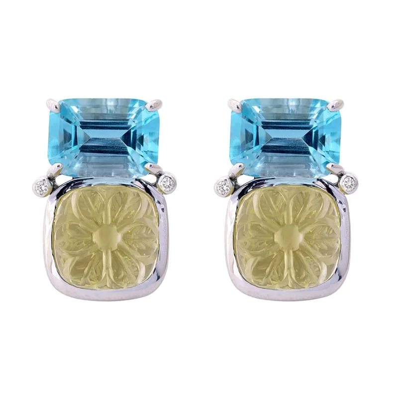 gold earrings for bridesmaids -Earrings- Blue Topaz, Lemon Quartz and Diamond  (264AS)