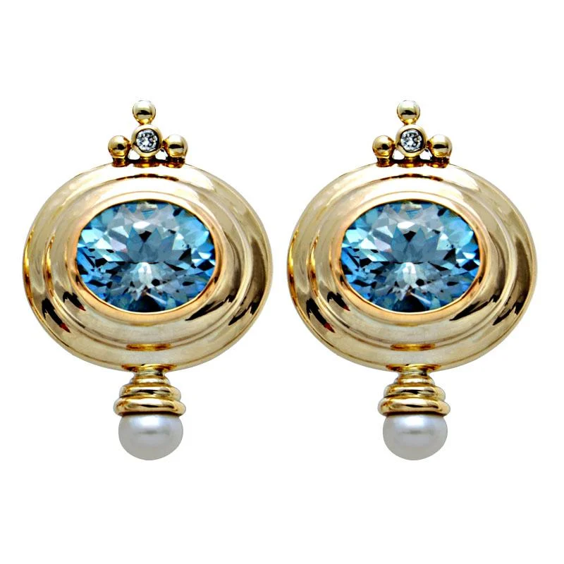 black diamond earrings for luxury lovers -Earrings-Blue Topaz, Pearl and Diamond  (1642C)