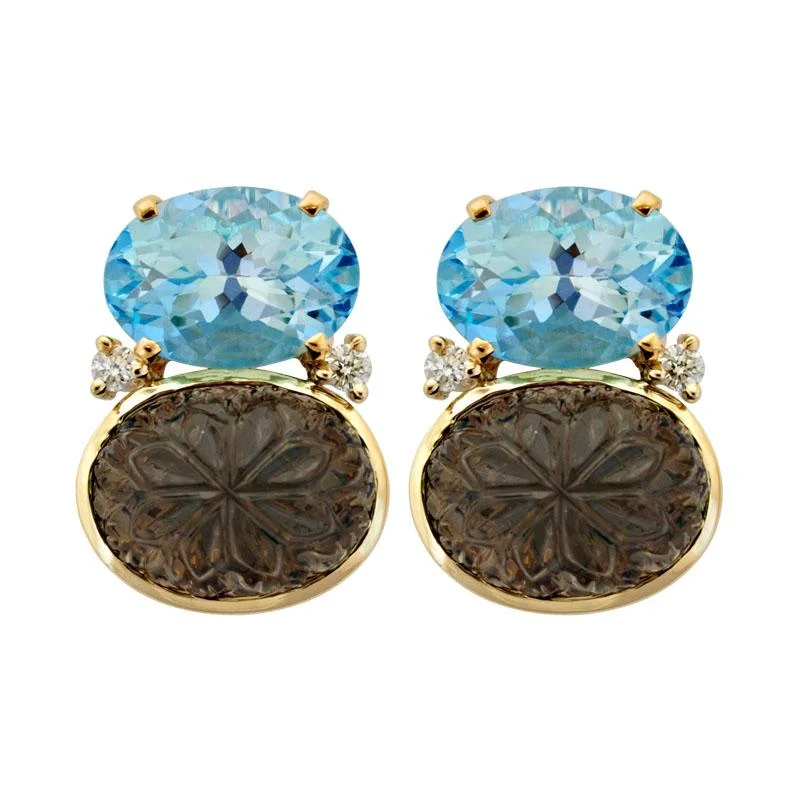 gold hoop earrings for women -Earrings-Blue Topaz, Smokey Quartz and Diamond  (1854H)