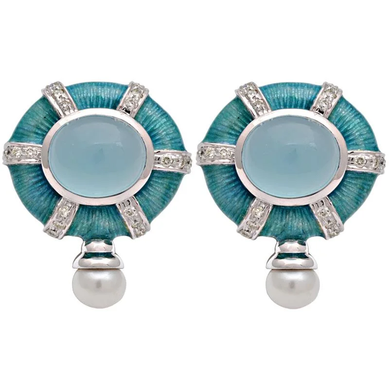 crystal earrings for special occasions -Earrings-Chalcedony, Fresh Water Pearl and Diamond (Enamel)  (183BS)