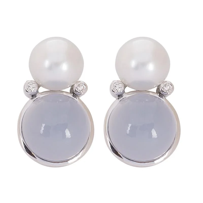 minimalist earrings for everyday wear -Earrings- Chalcedony, Pearl and Diamond  (271DS)