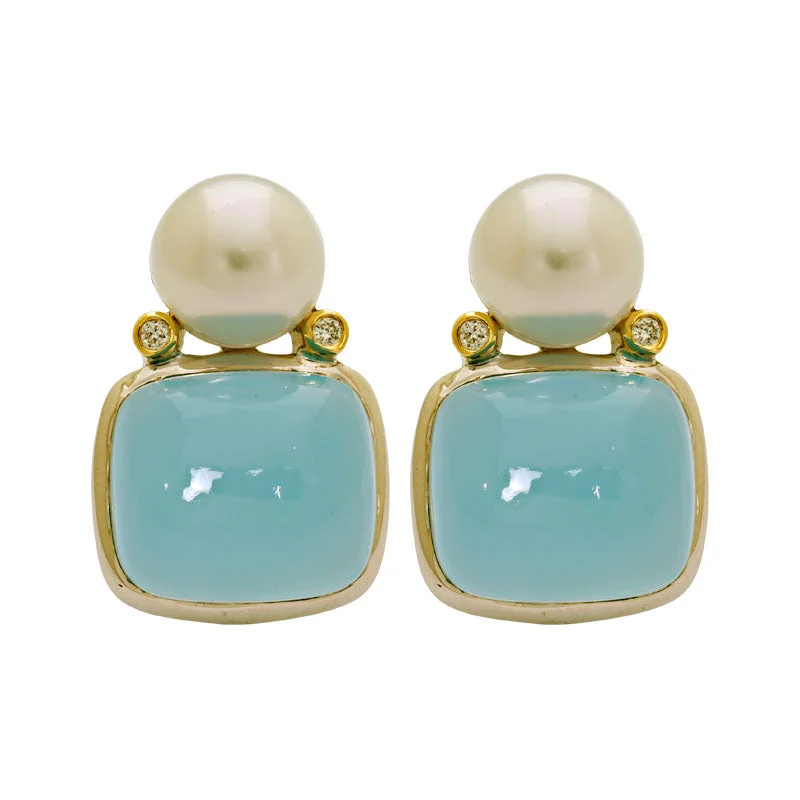 sparkly earrings for evening events -Earrings- Chalcedony, South Sea Pearl and Diamond